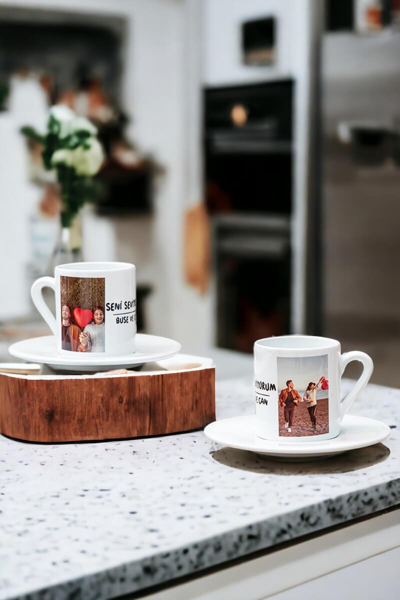 Sevgiliye Hediye İsimli 2 Fotoğraflı İkili Beyaz Türk Kahvesi Fincanı