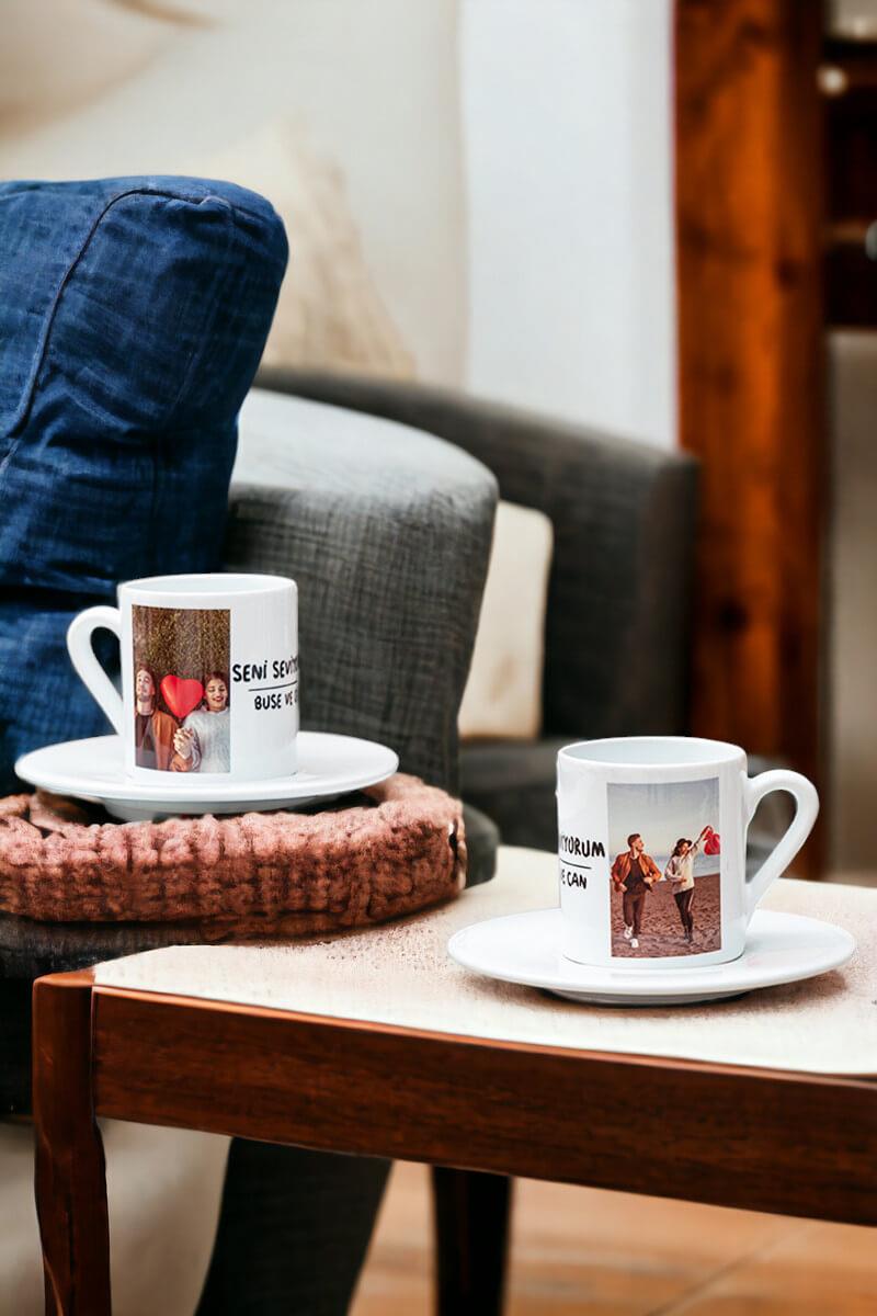 Sevgiliye Hediye İsimli 2 Fotoğraflı İkili Beyaz Türk Kahvesi Fincanı