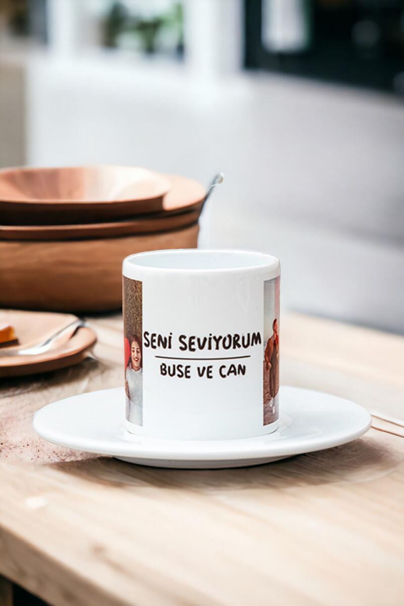 Sevgiliye Hediye İsimli 2 Fotoğraflı İkili Beyaz Türk Kahvesi Fincanı
