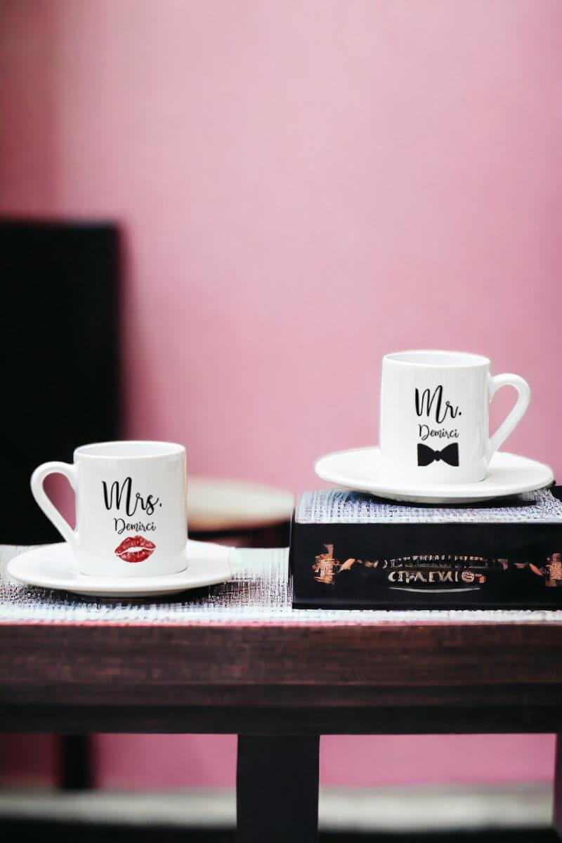 Sevgiliye Hediye Mr Mrs İkili Beyaz Türk Kahvesi Fincanı