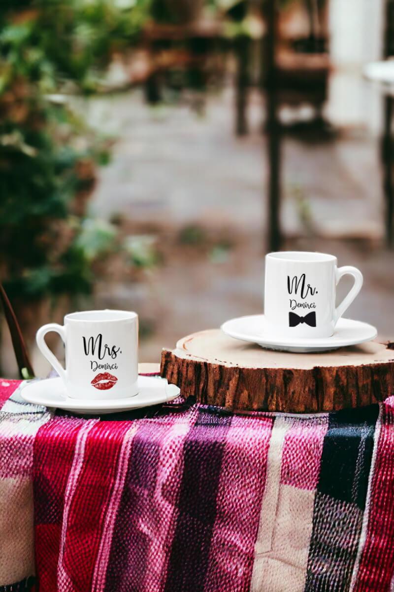 Sevgiliye Hediye Mr Mrs İkili Beyaz Türk Kahvesi Fincanı