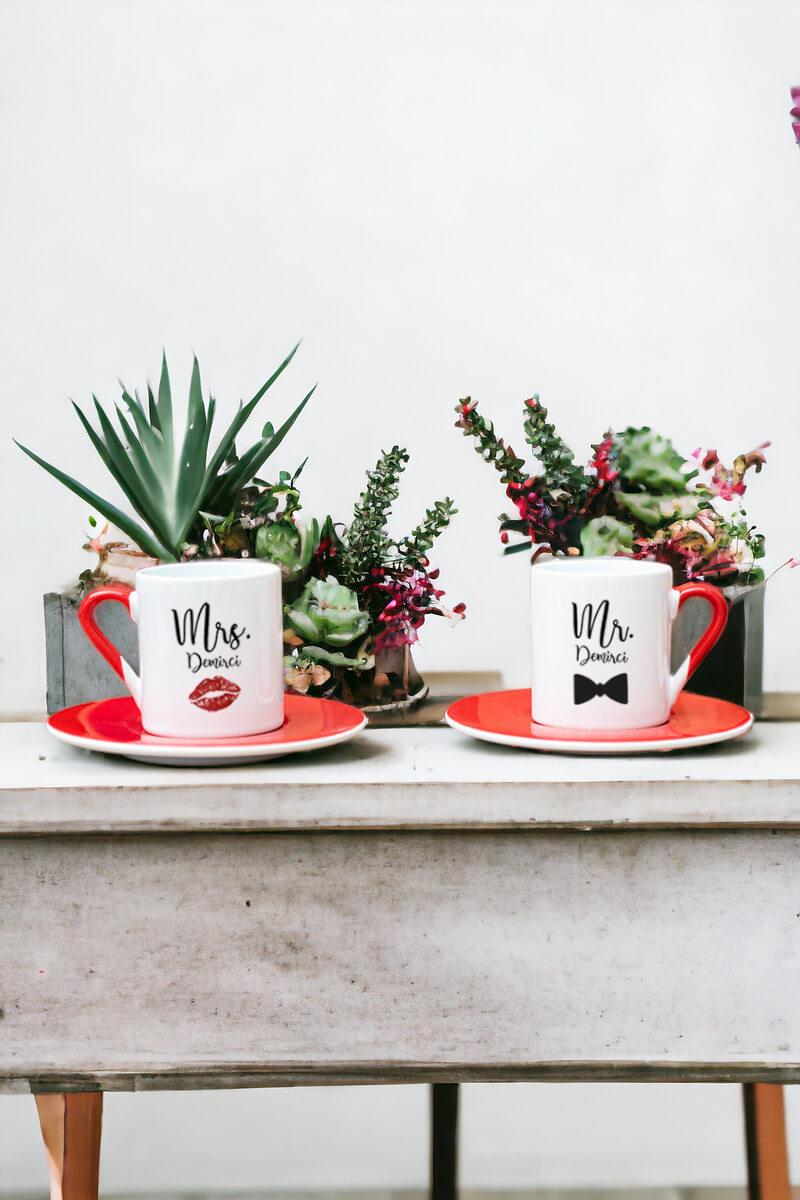 Sevgiliye Hediye Mr Mrs İkili Kırmızı Türk Kahvesi Fincanı