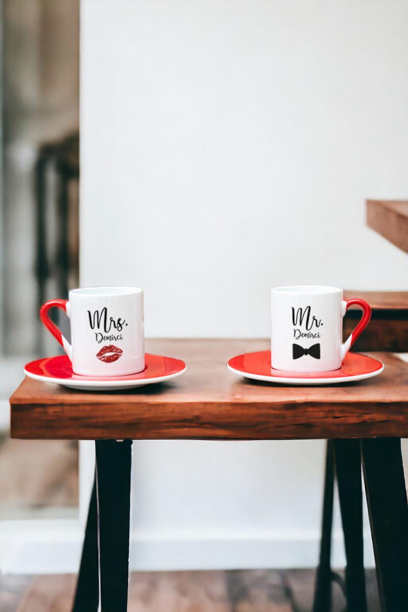 Sevgiliye Hediye Mr Mrs İkili Kırmızı Türk Kahvesi Fincanı