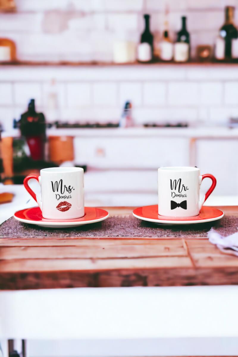Sevgiliye Hediye Mr Mrs İkili Kırmızı Türk Kahvesi Fincanı