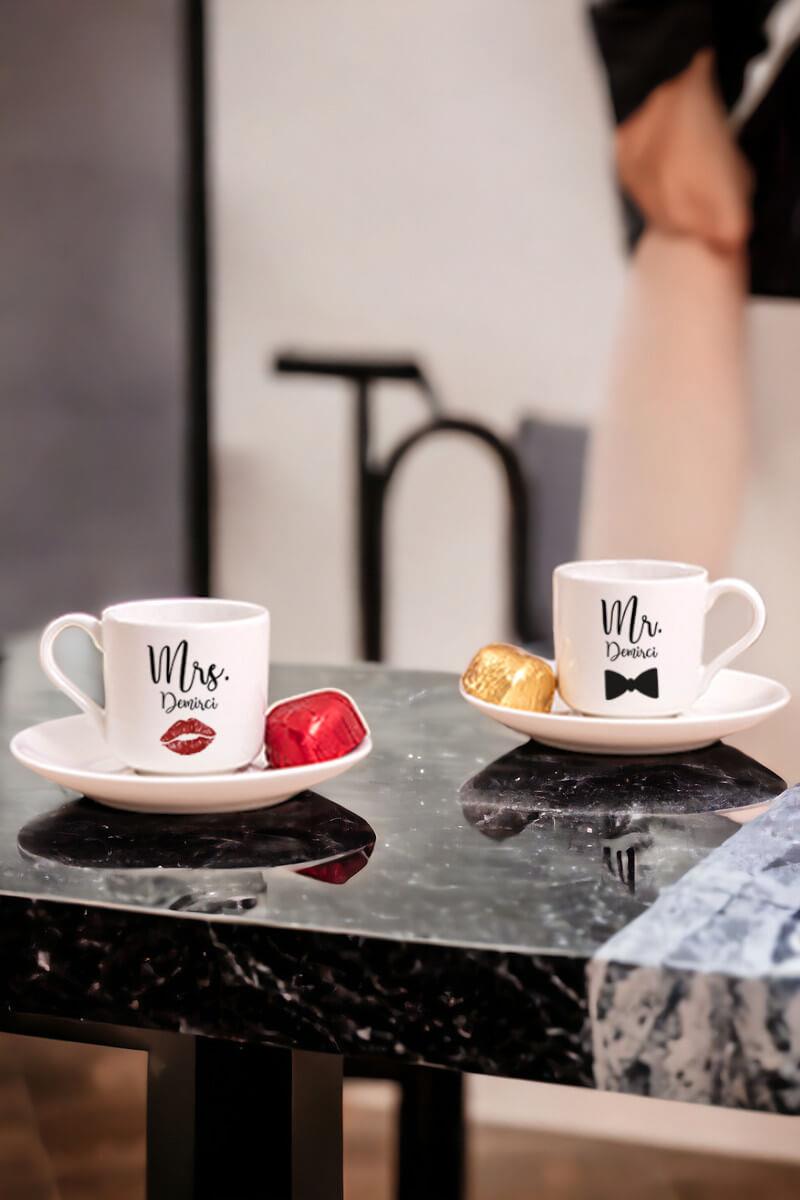 Sevgiliye Hediye Mr Mrs İkili Porselen Türk Kahvesi Fincanı