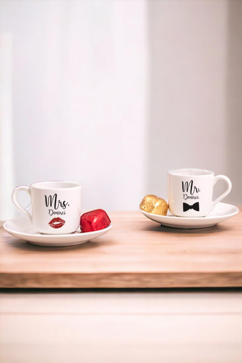 Sevgiliye Hediye Mr Mrs İkili Porselen Türk Kahvesi Fincanı