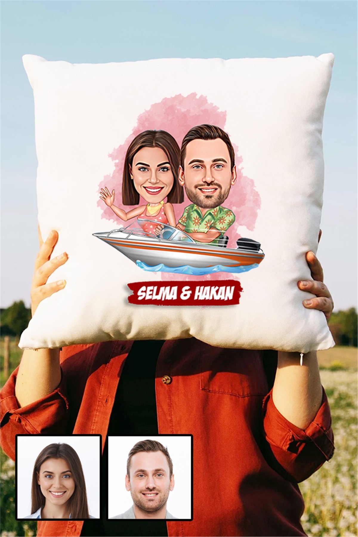 Sevgiliye Hediye Tekne Tasarım  Karikatürlü Yastık