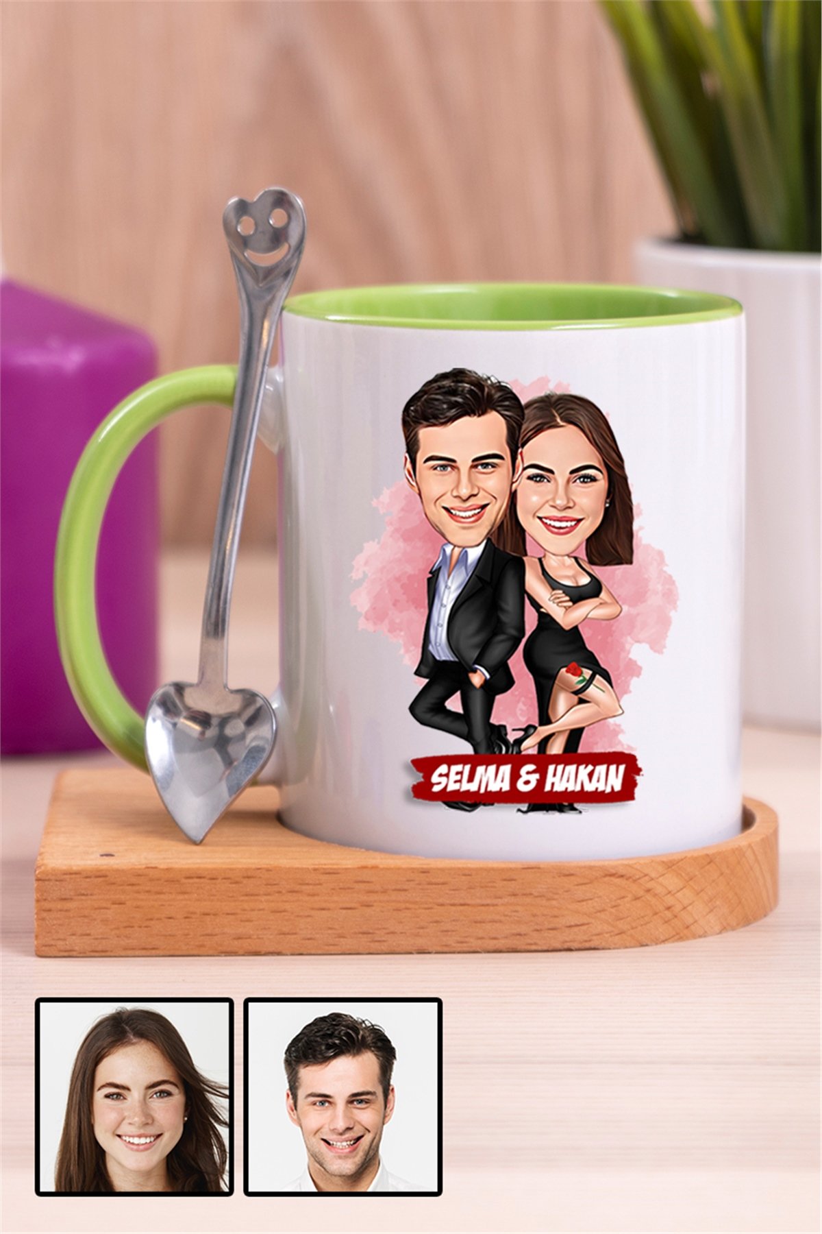 Sevgiliye İlginç Hediye Davete Hazırız Karikatürlü Ahşap Altlıklı İçi Renkli Kupa Bardak