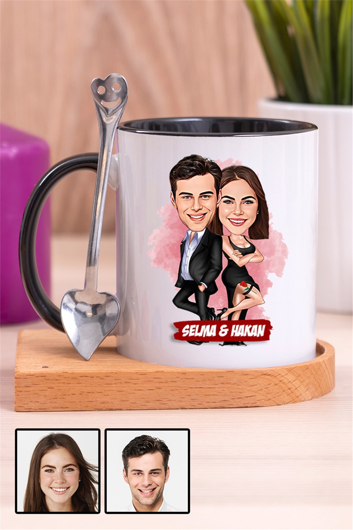 Sevgiliye İlginç Hediye Davete Hazırız Karikatürlü Ahşap Altlıklı İçi Renkli Kupa Bardak