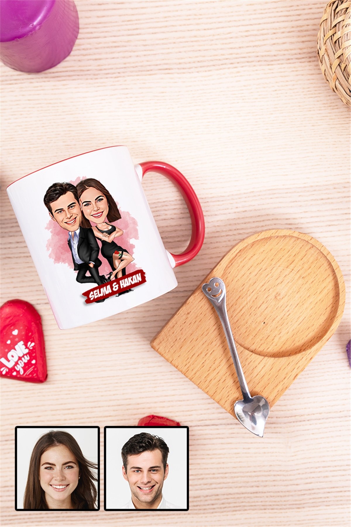 Sevgiliye İlginç Hediye Davete Hazırız Karikatürlü Ahşap Altlıklı İçi Renkli Kupa Bardak