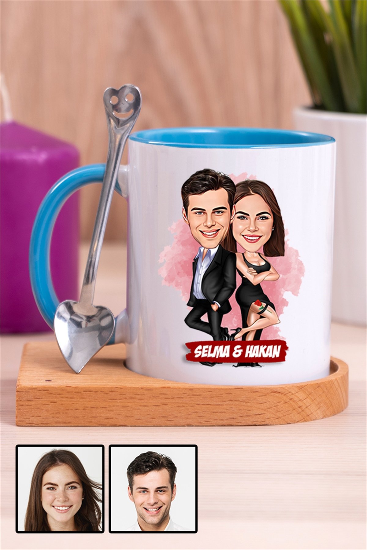 Sevgiliye İlginç Hediye Davete Hazırız Karikatürlü Ahşap Altlıklı İçi Renkli Kupa Bardak