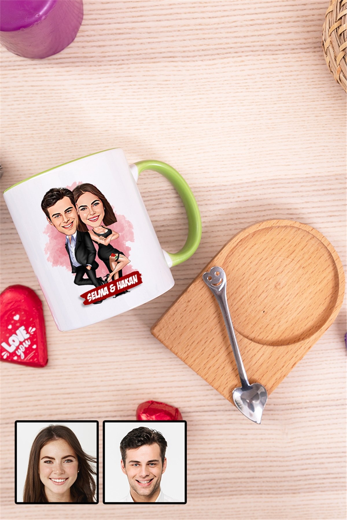 Sevgiliye İlginç Hediye Davete Hazırız Karikatürlü Ahşap Altlıklı İçi Renkli Kupa Bardak