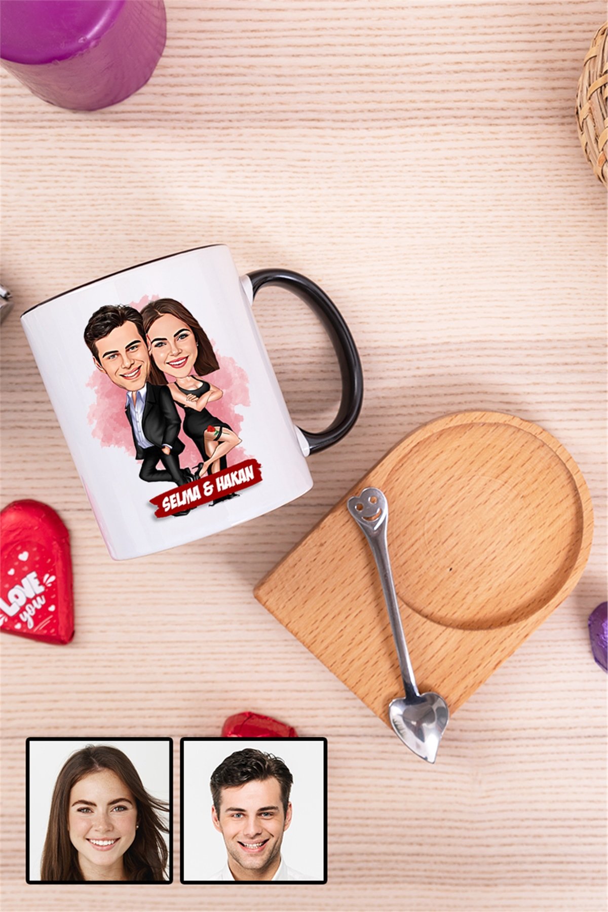 Sevgiliye İlginç Hediye Davete Hazırız Karikatürlü Ahşap Altlıklı İçi Renkli Kupa Bardak