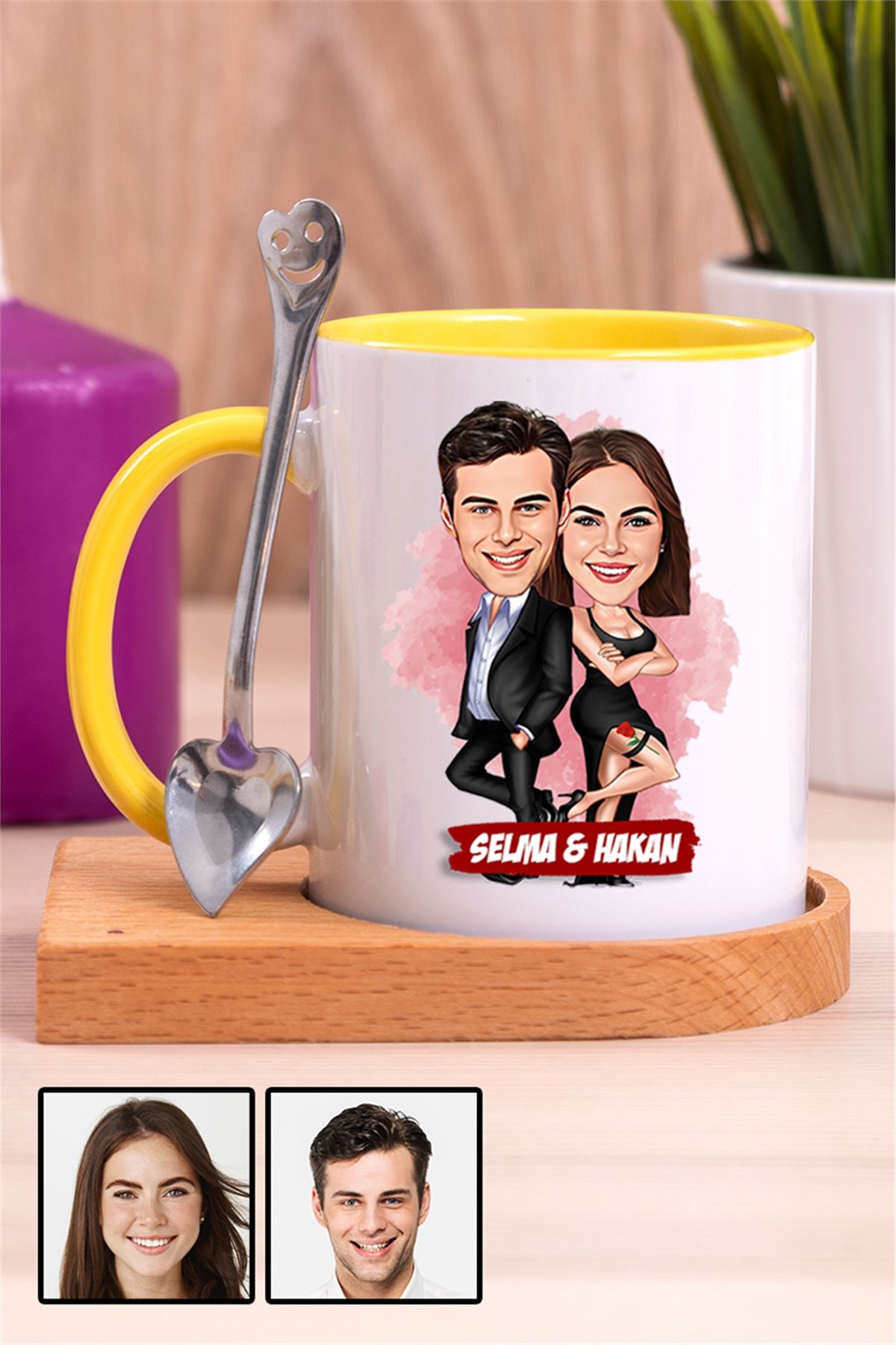 Sevgiliye İlginç Hediye Davete Hazırız Karikatürlü Ahşap Altlıklı İçi Renkli Kupa Bardak