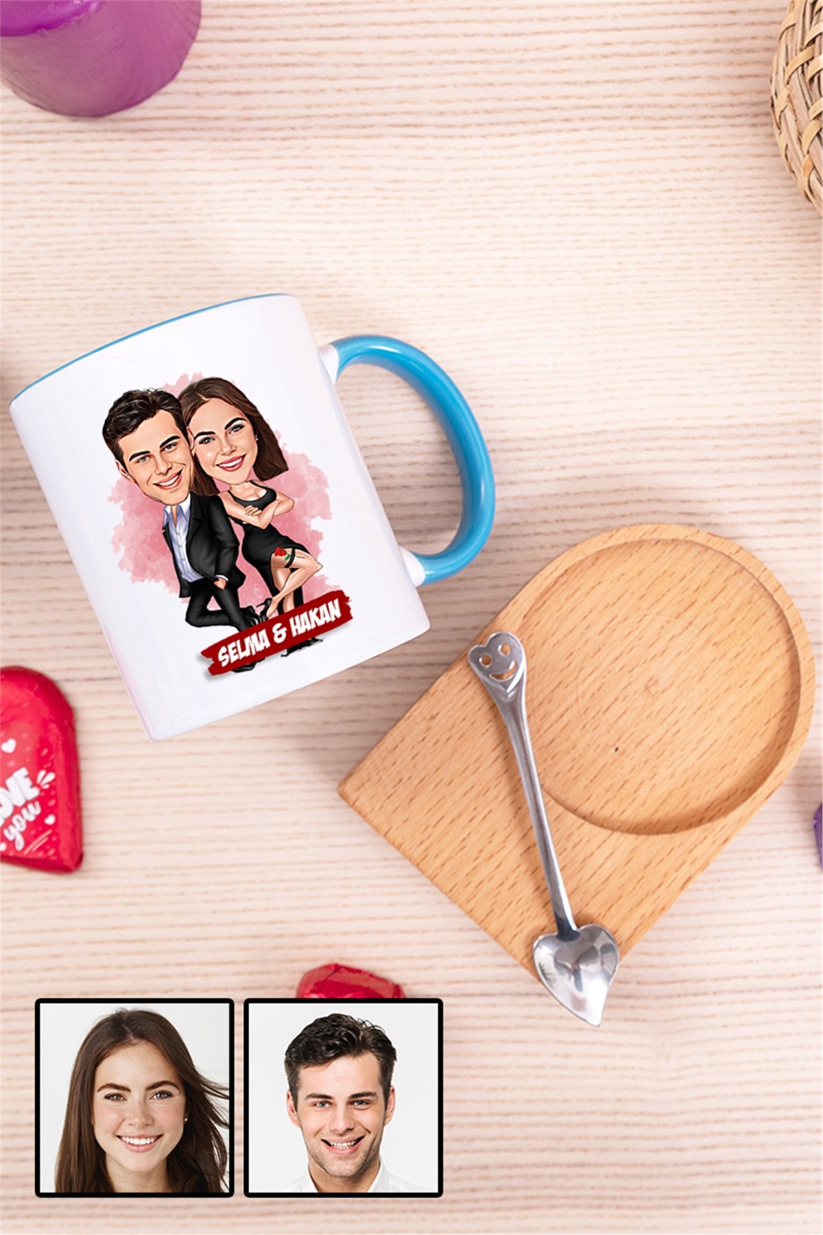 Sevgiliye İlginç Hediye Davete Hazırız Karikatürlü Ahşap Altlıklı İçi Renkli Kupa Bardak