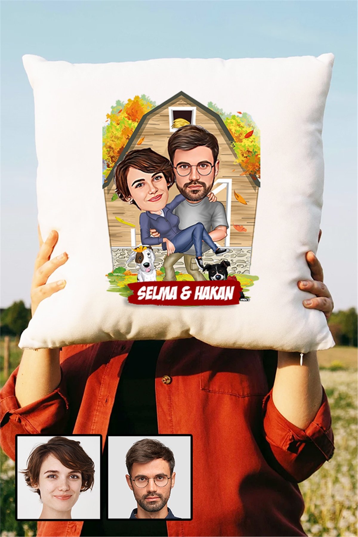 Sevgiliye Özel Hediye Ev Temalı Karikatürlü Yastık