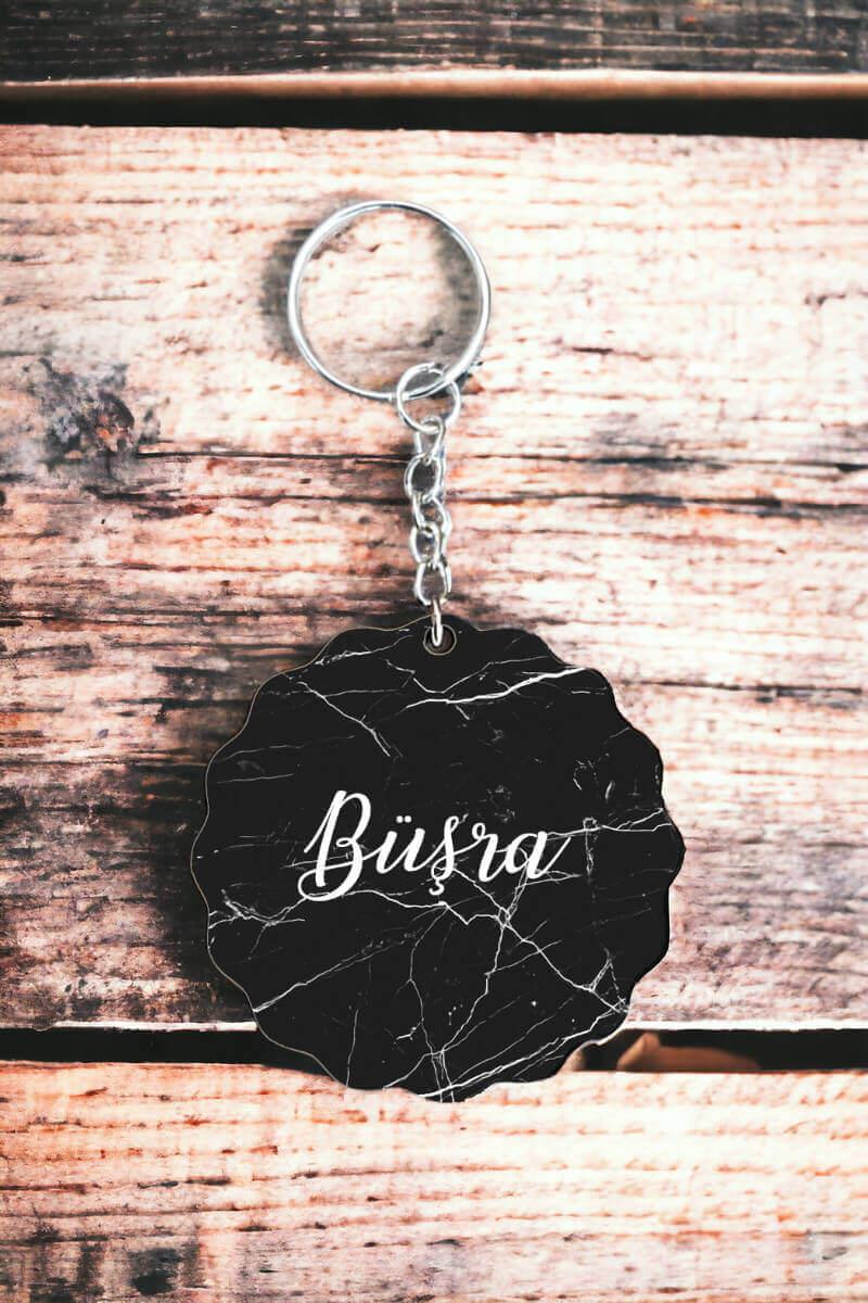 Siyah Mermer Tasarım Arkaplanlı İsme Özel Anahtarlık