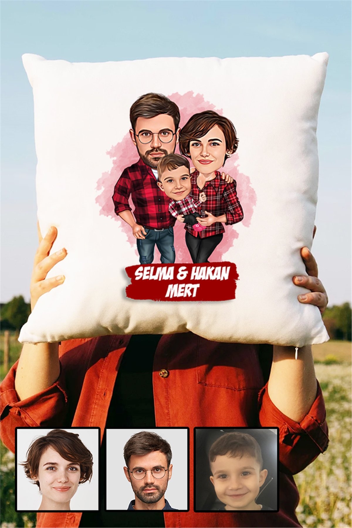 Üç Kişilik Aileye İlginç Hediye Karikatürlü Yastık