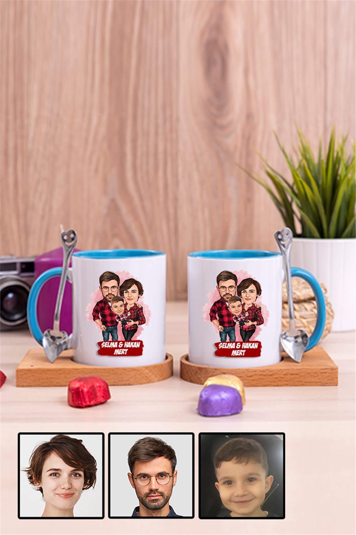 Üç Kişilik Aileye İlginç Hediye Karikatürlü İkili Ahşap Altlıklı İçi Renkli Kupa Bardak