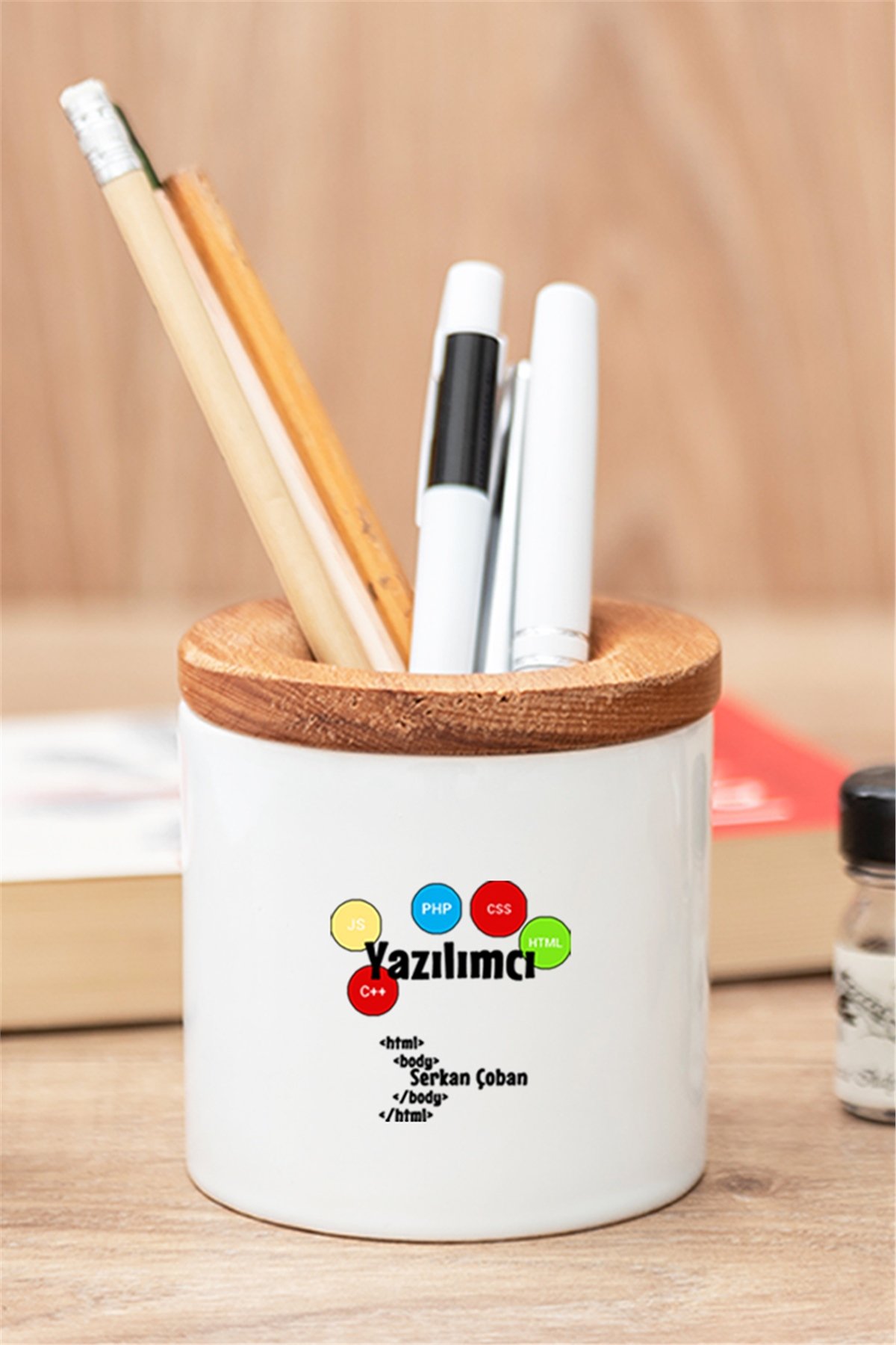 Yazılımcı Ahşap Kapaklı Kalemlik