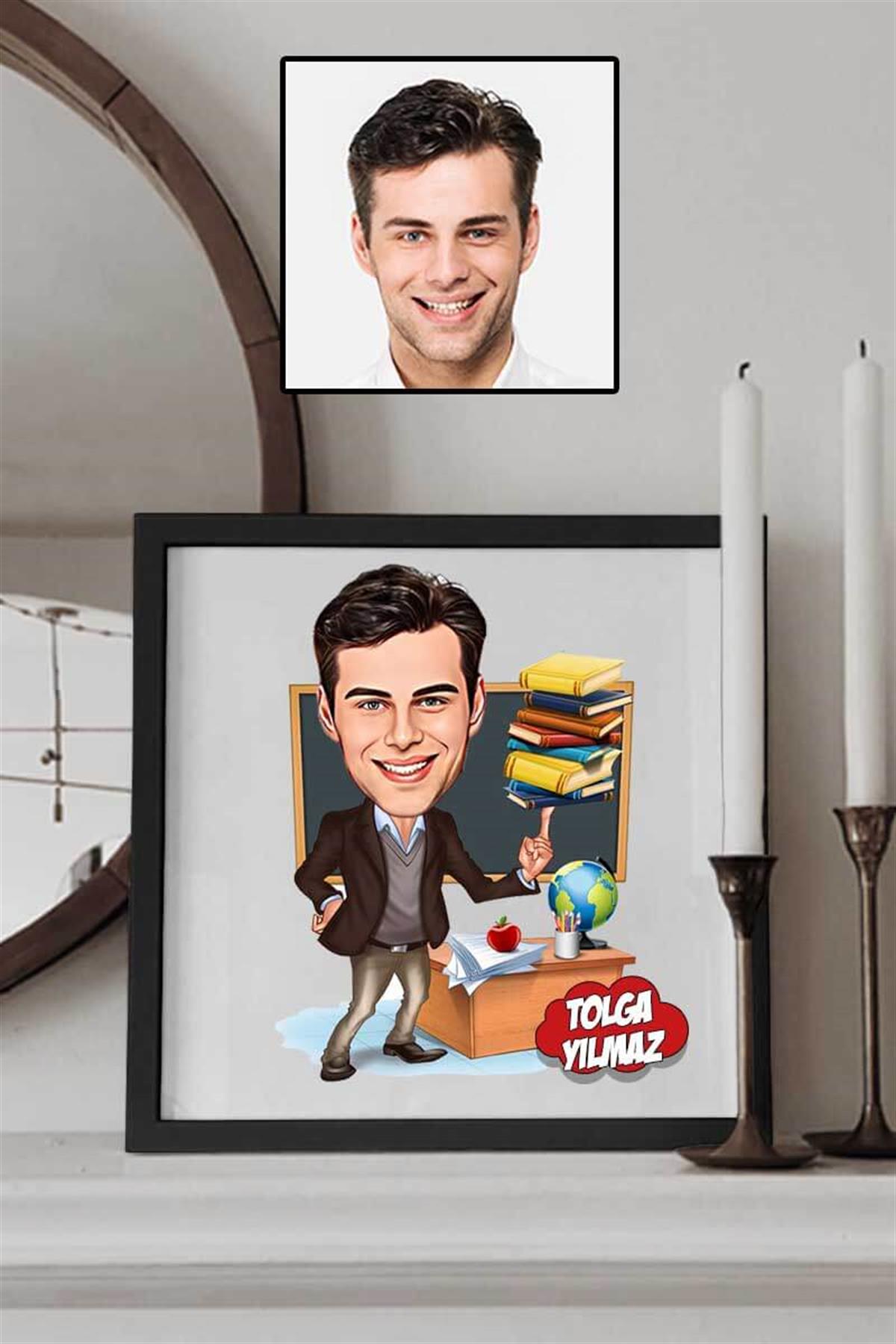 Yeni Atanan Öğretmene Hediye Karikatürlü Kare Çerçeve