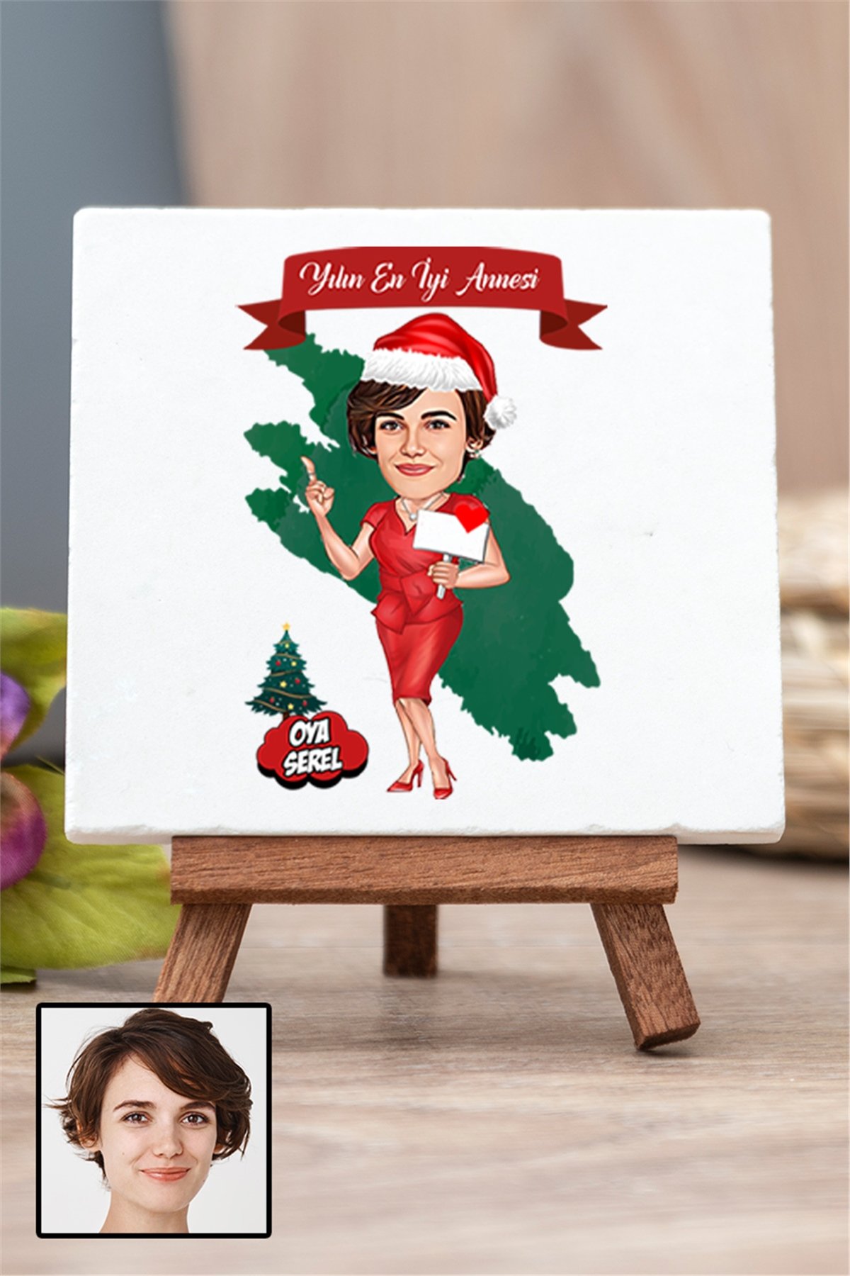 Yeni Yıla Özel Anneye Hediye Karikatürlü Ahşap Şovaleli Taş Masa Dekoru