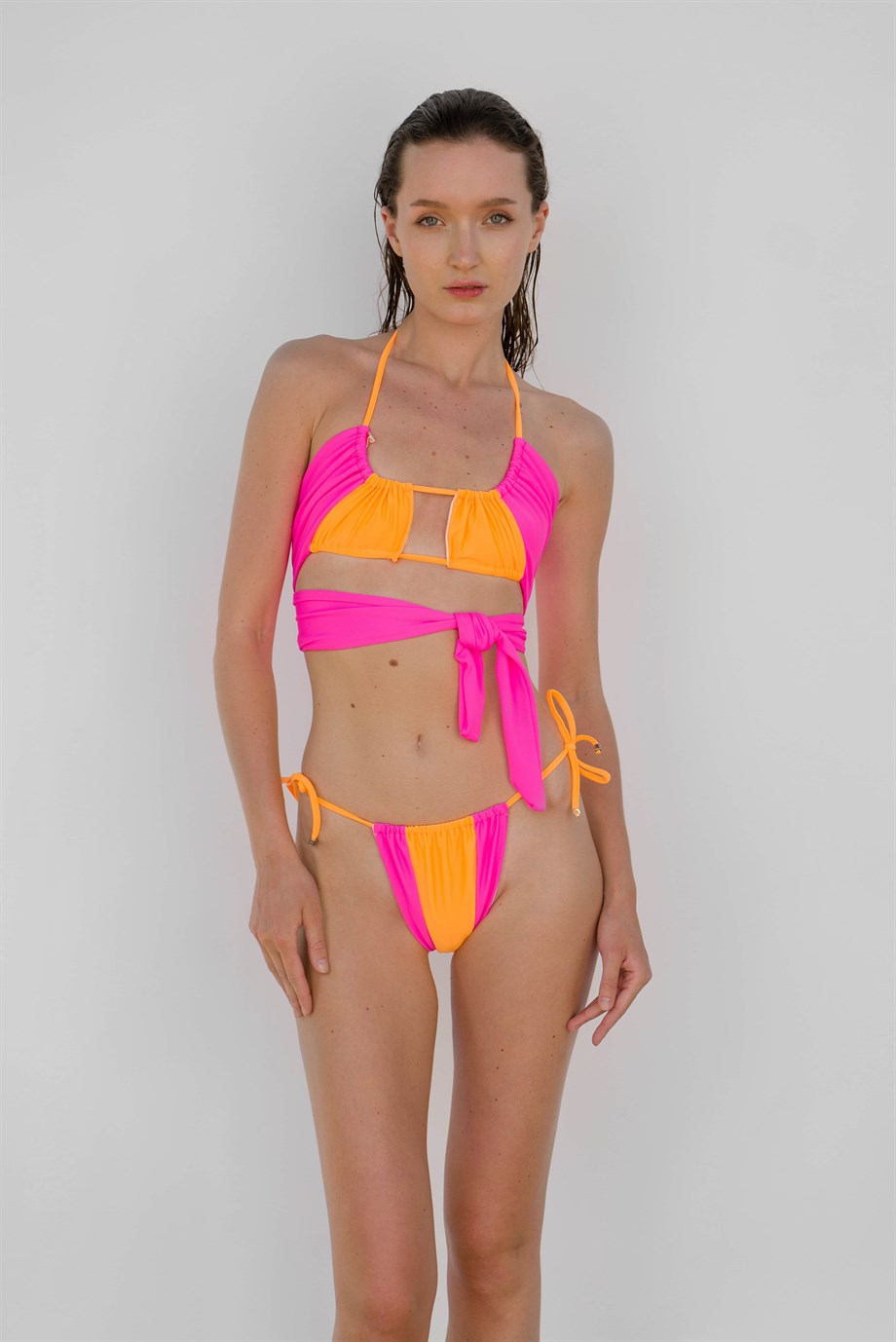 LORENA Turuncu Pembe Renk Bloklu Bağlamalı Bikini Takımı