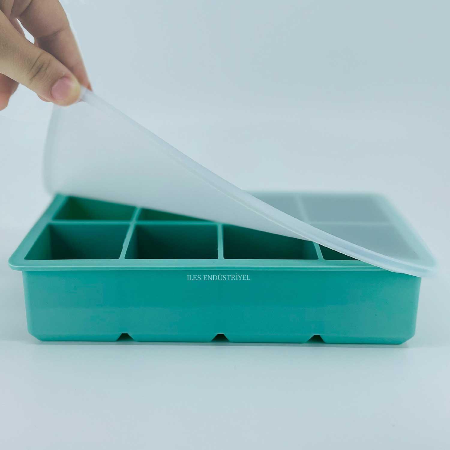 Eysigo Kapaklı Premium Büyük 8 Bölmeli Silikon Buz Kalıbı, Yeşil, Eysigo, Silikon Buz Kalıpları