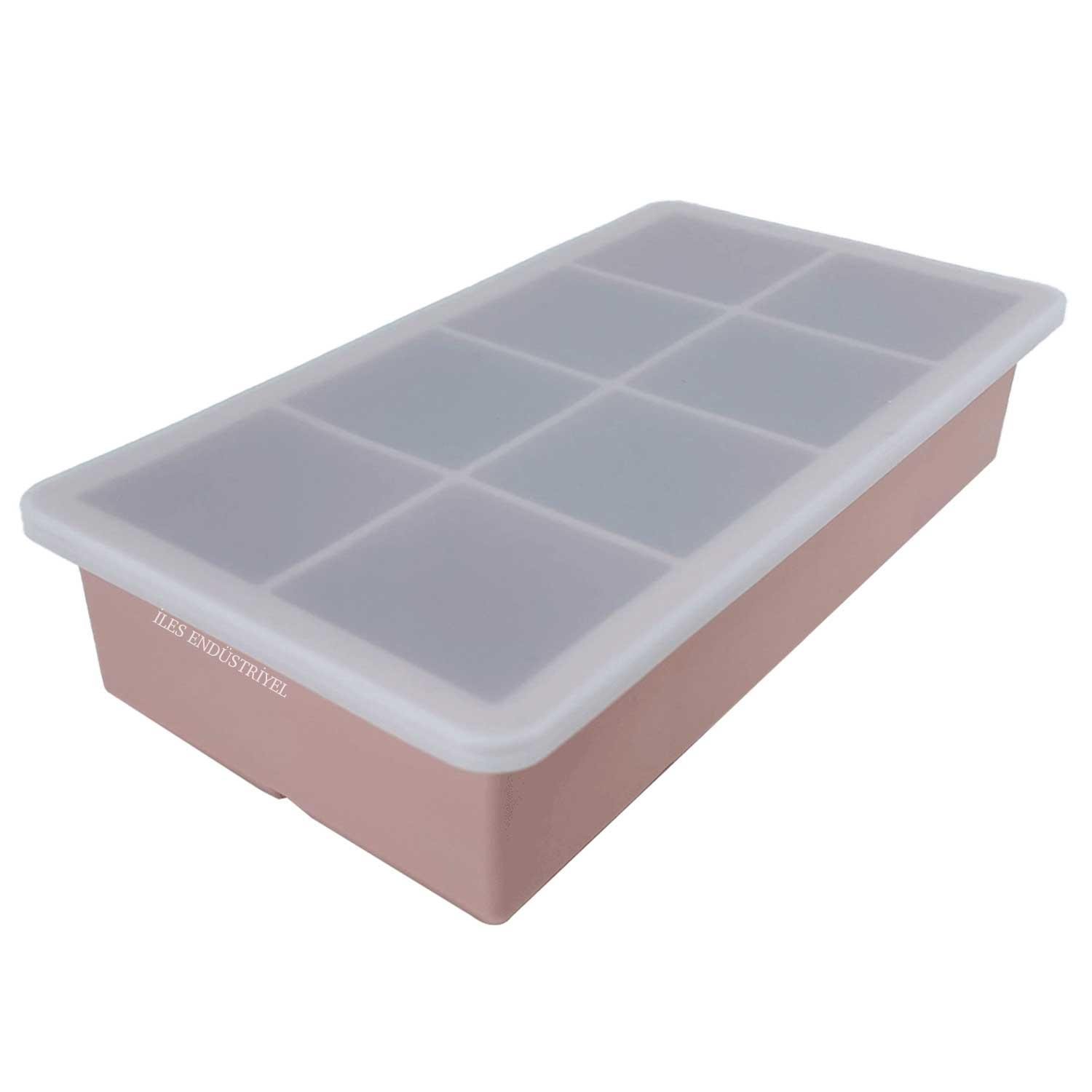 Eysigo Kapaklı Premium Büyük 8 Bölmeli Silikon Buz Kalıbı, Powder, Eysigo, Silikon Buz Kalıpları