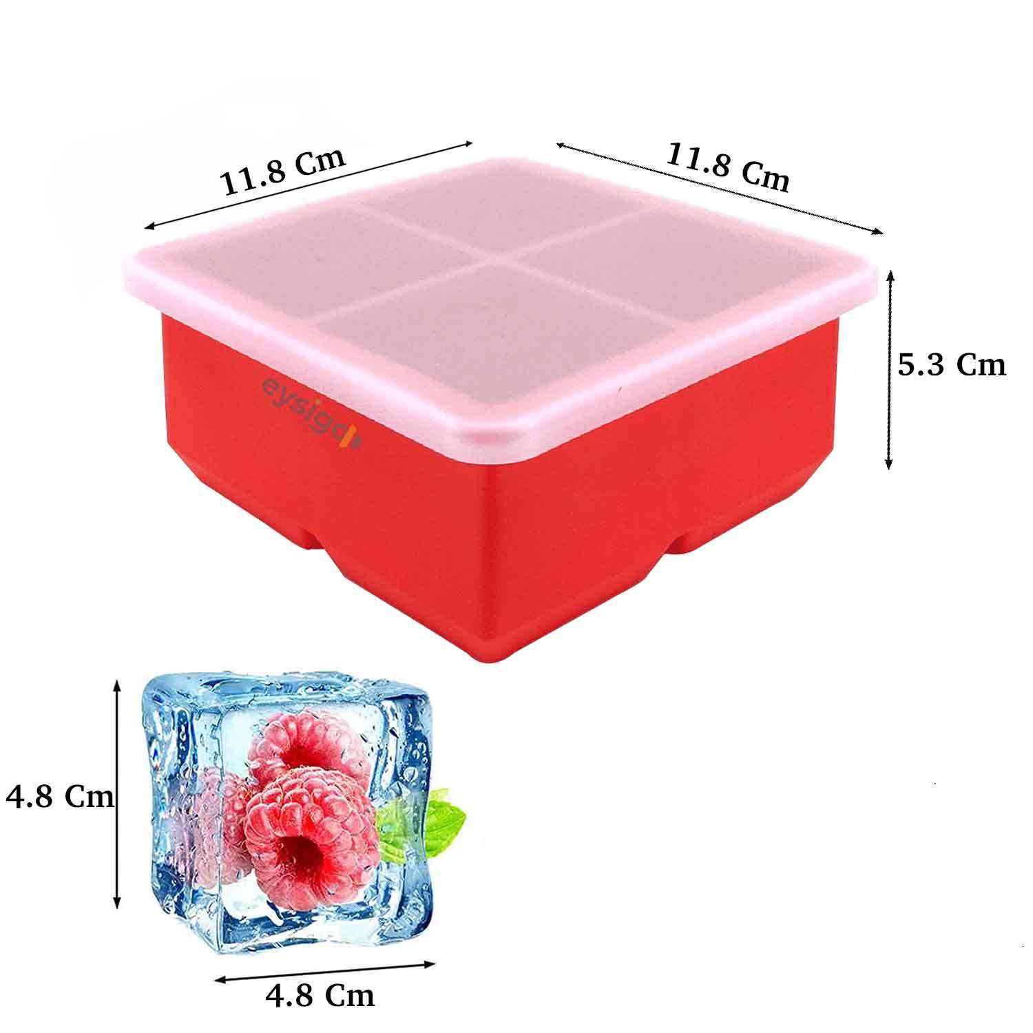 Eysigo Silikon Çok Amaçlı Büyük Boy 4'Lü Küp Buz Kalıbı, Kapaklı, Kırmızı, Eysigo, Silikon Buz Kalıpları