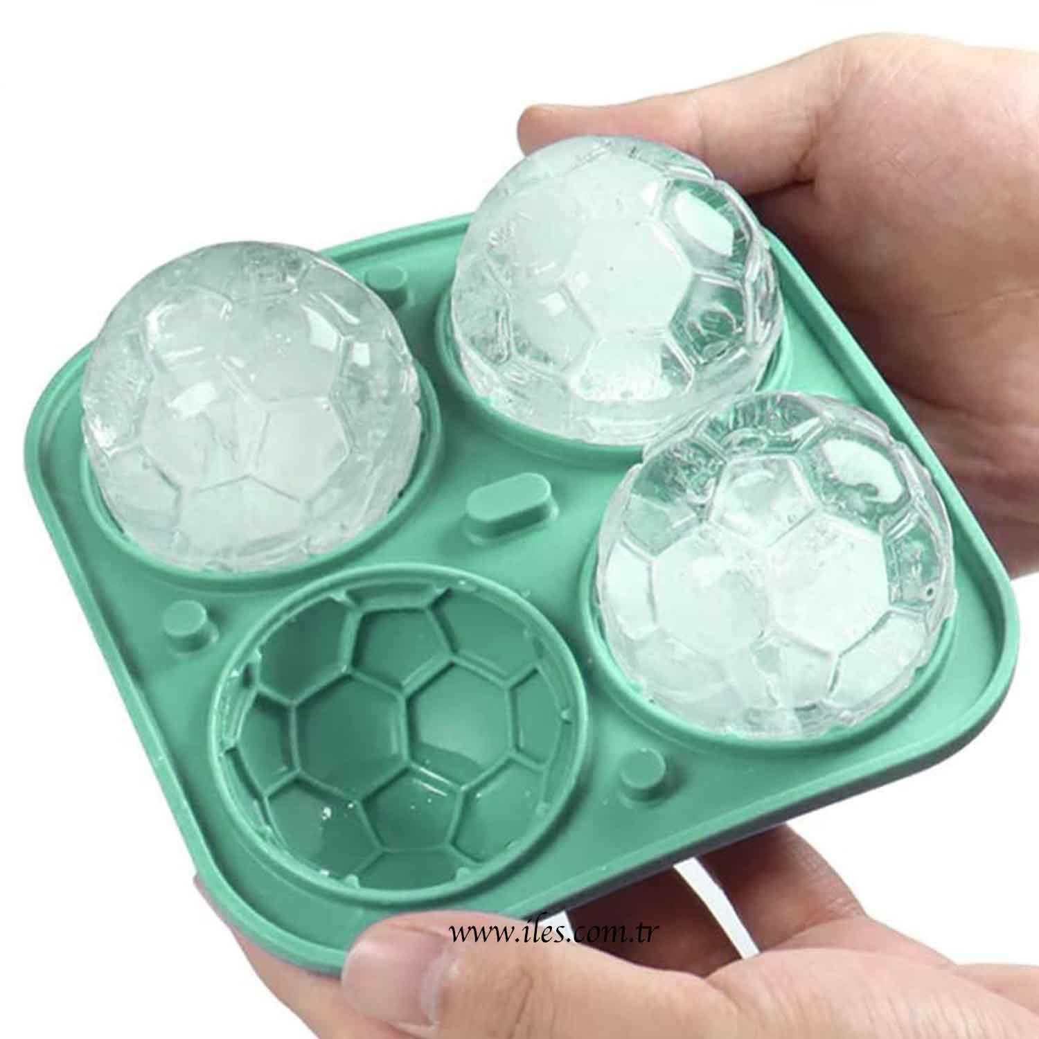 Eysigo Silikon Futbol Topu 4 Bölmeli Büyük Boy Buz Kalıbı, Kapaklı, Yeşil, Eysigo, Silikon Buz Kalıpları