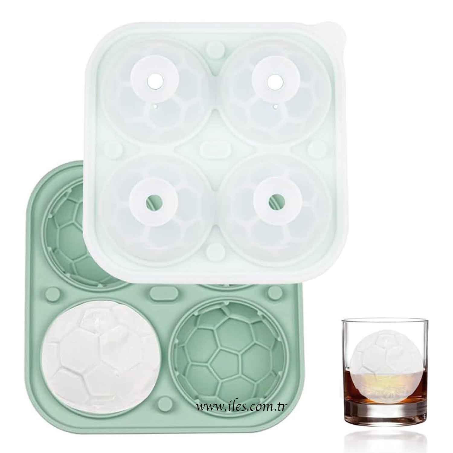 Eysigo Silikon Futbol Topu 4 Bölmeli Büyük Boy Buz Kalıbı, Kapaklı, Yeşil, Eysigo, Silikon Buz Kalıpları