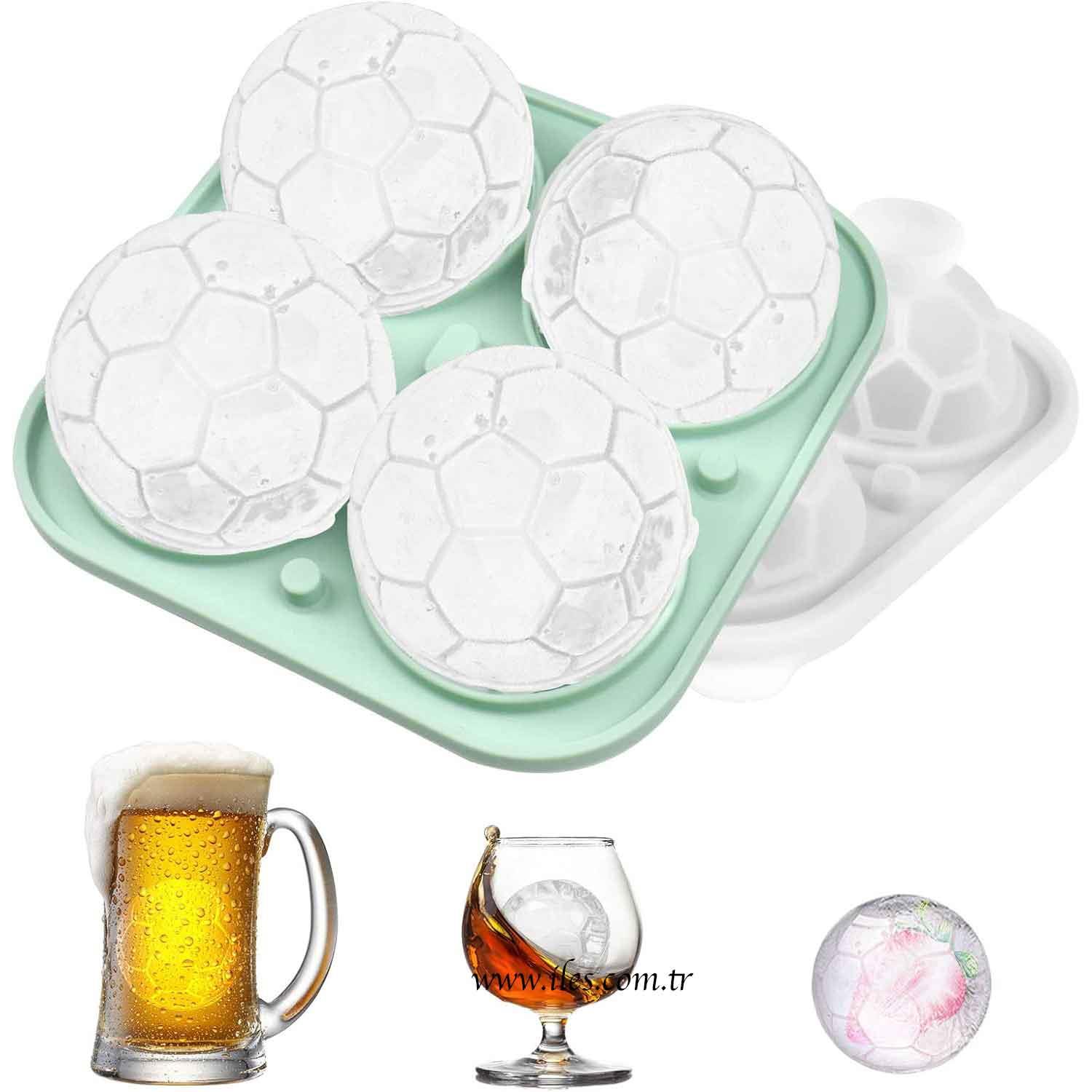 Eysigo Silikon Futbol Topu 4 Bölmeli Büyük Boy Buz Kalıbı, Kapaklı, Yeşil, Eysigo, Silikon Buz Kalıpları