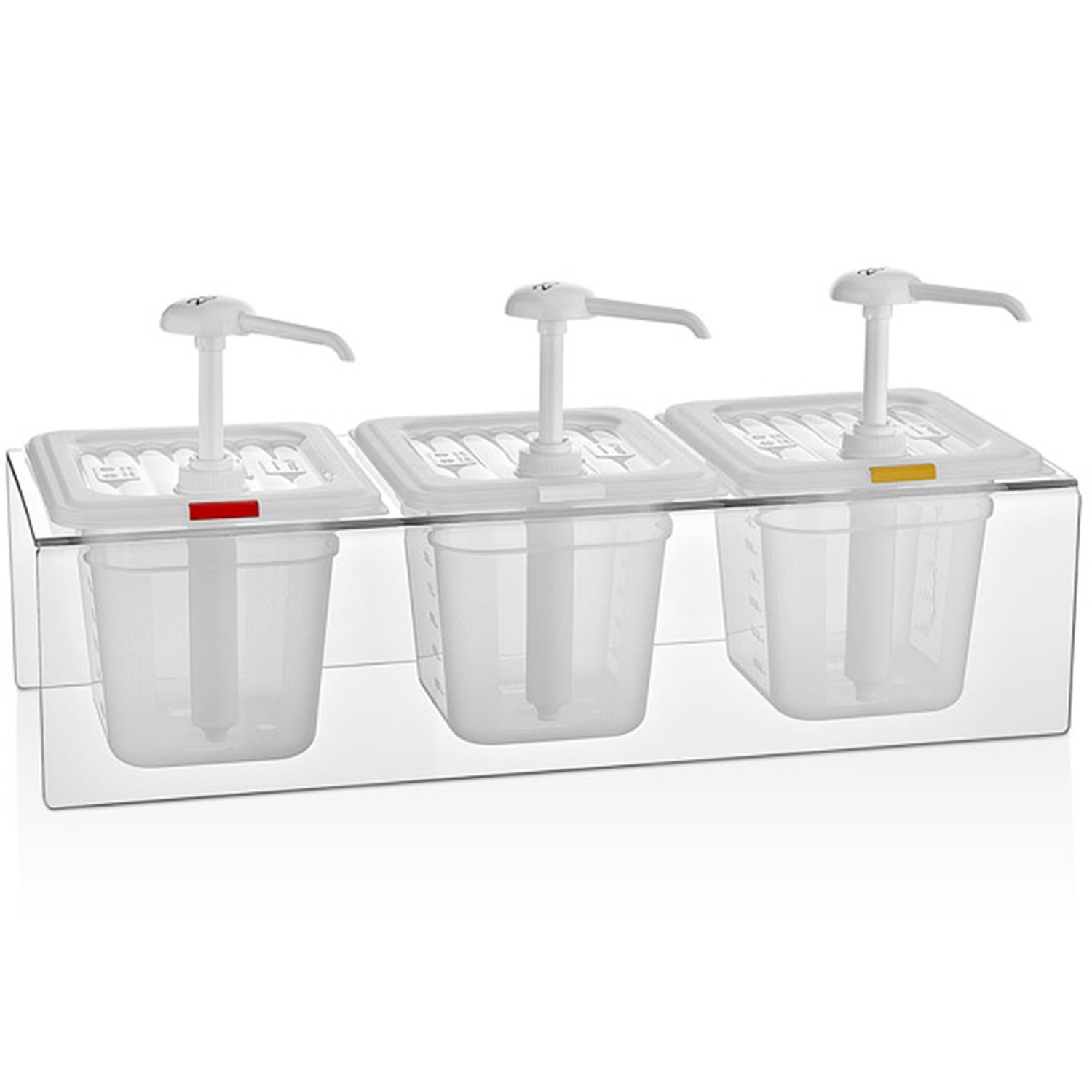 GastroPlast 3lü Ketçap Mayonez Hardal Dispenseri, Standlı Şeffaf 3X2 Litre