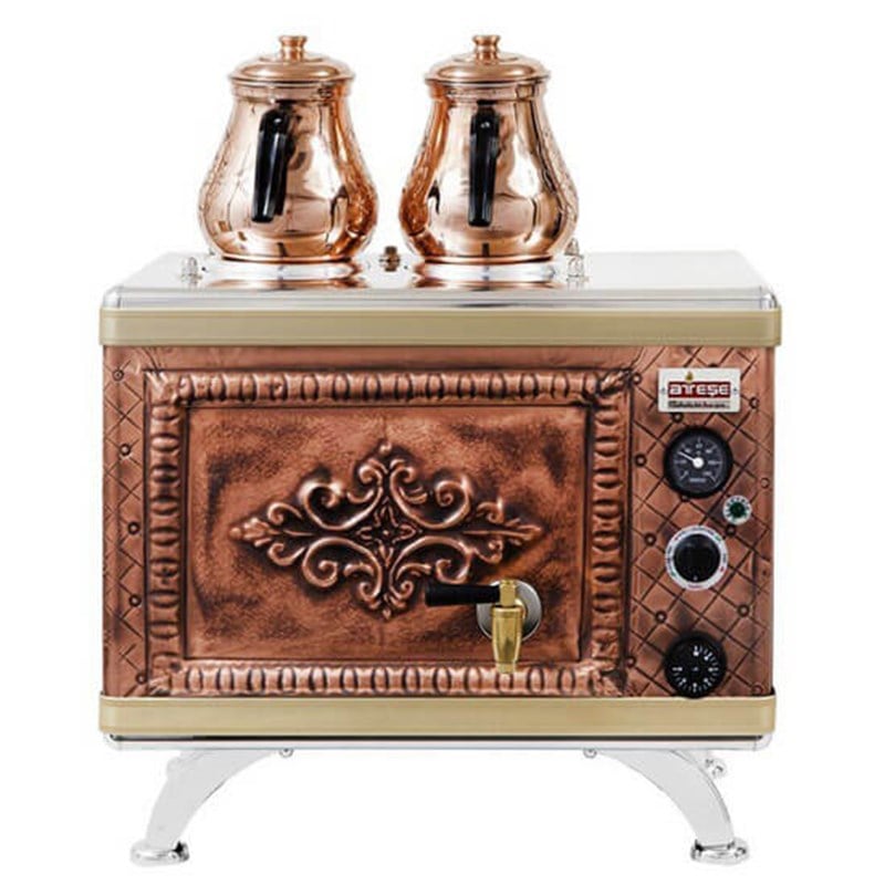 Gold Compact Otomatik Gazlı Elektrikli Antik Bakır 2 Demlikli Çay Kazanı
