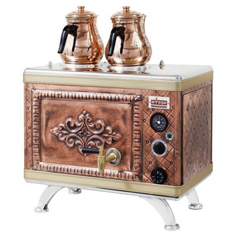 Gold Compact Otomatik Gazlı Elektrikli Antik Bakır 2 Demlikli Çay Kazanı