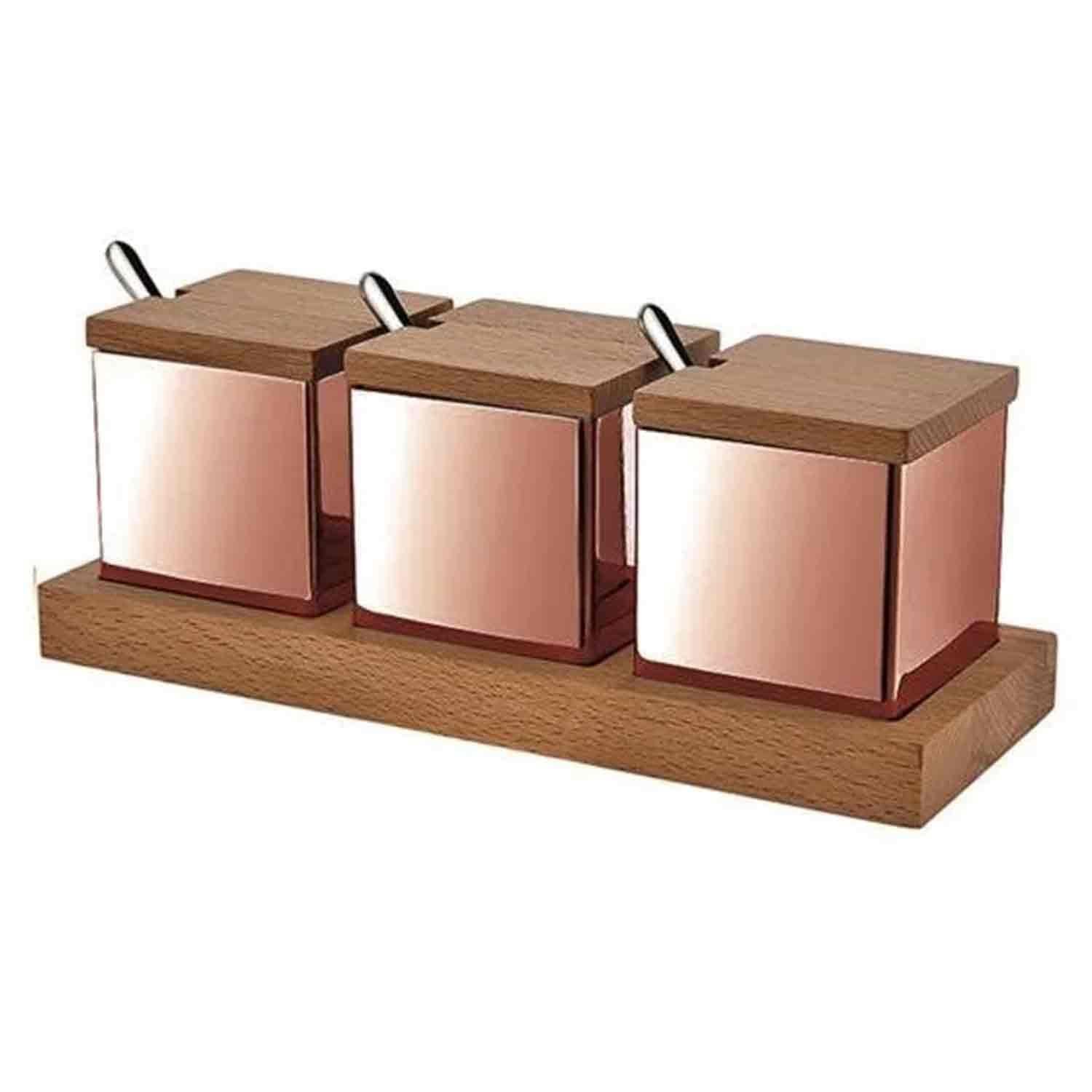 Groovy 3'lü Baharatlık Takımı, Ahşap standlı, Kare, Bakır, Groovy, Tuzluk Biberlik ve Baharatlık