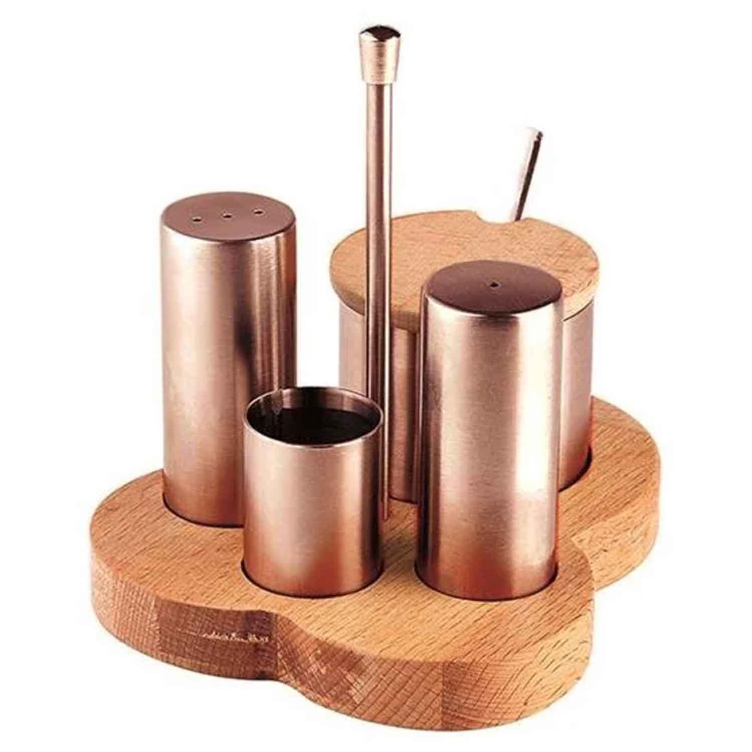 Groovy 4'lü Tuzluk Baharatlık Takımı, Ahşap Standlı, Bakır, Groovy, Tuzluk Biberlik ve Baharatlık