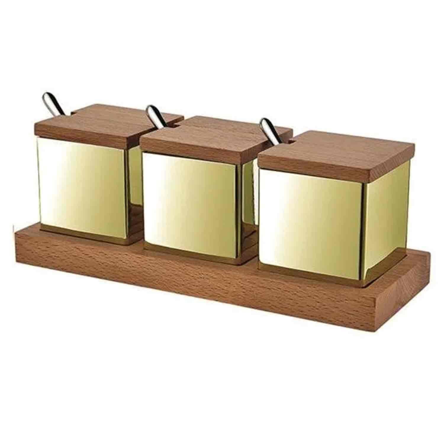 Groovy Ahşap Standlı 3 Lü Kare Tuzluk Peçetelik Takımı, Altın, Groovy, Tuzluk Biberlik ve Baharatlık