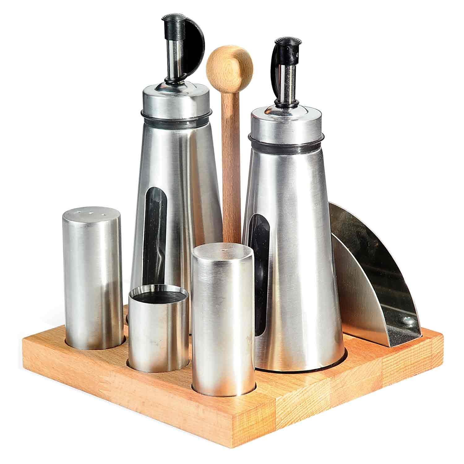 Groovy Tuzluk Yağlık Seti, 6 Lı Ahşap Standlı, Groovy, Tuzluk Biberlik ve Baharatlık