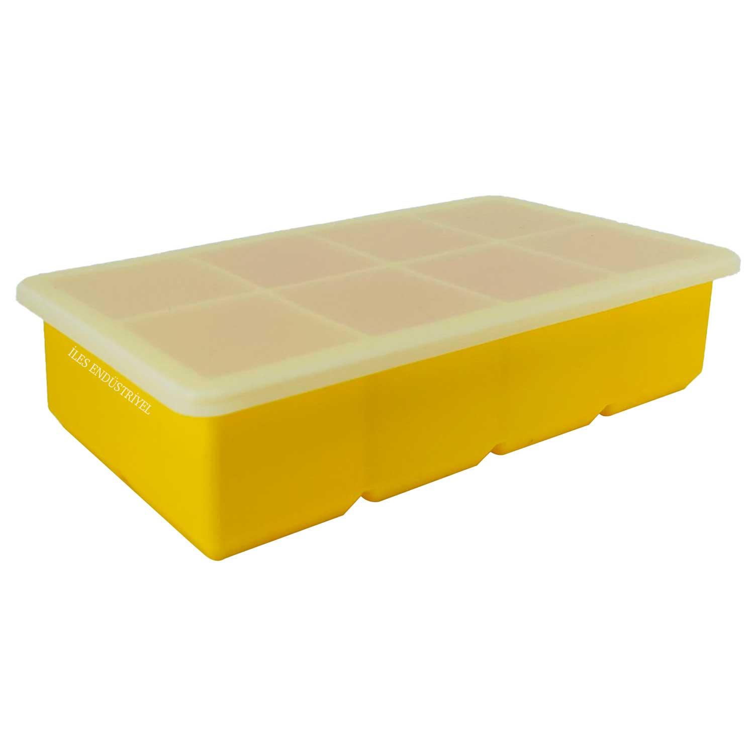İles Gurme Kapaklı Premium Büyük 8 Bölmeli Silikon Buz Kalıbı, Sarı, İles Gurme, Silikon Buz Kalıpları