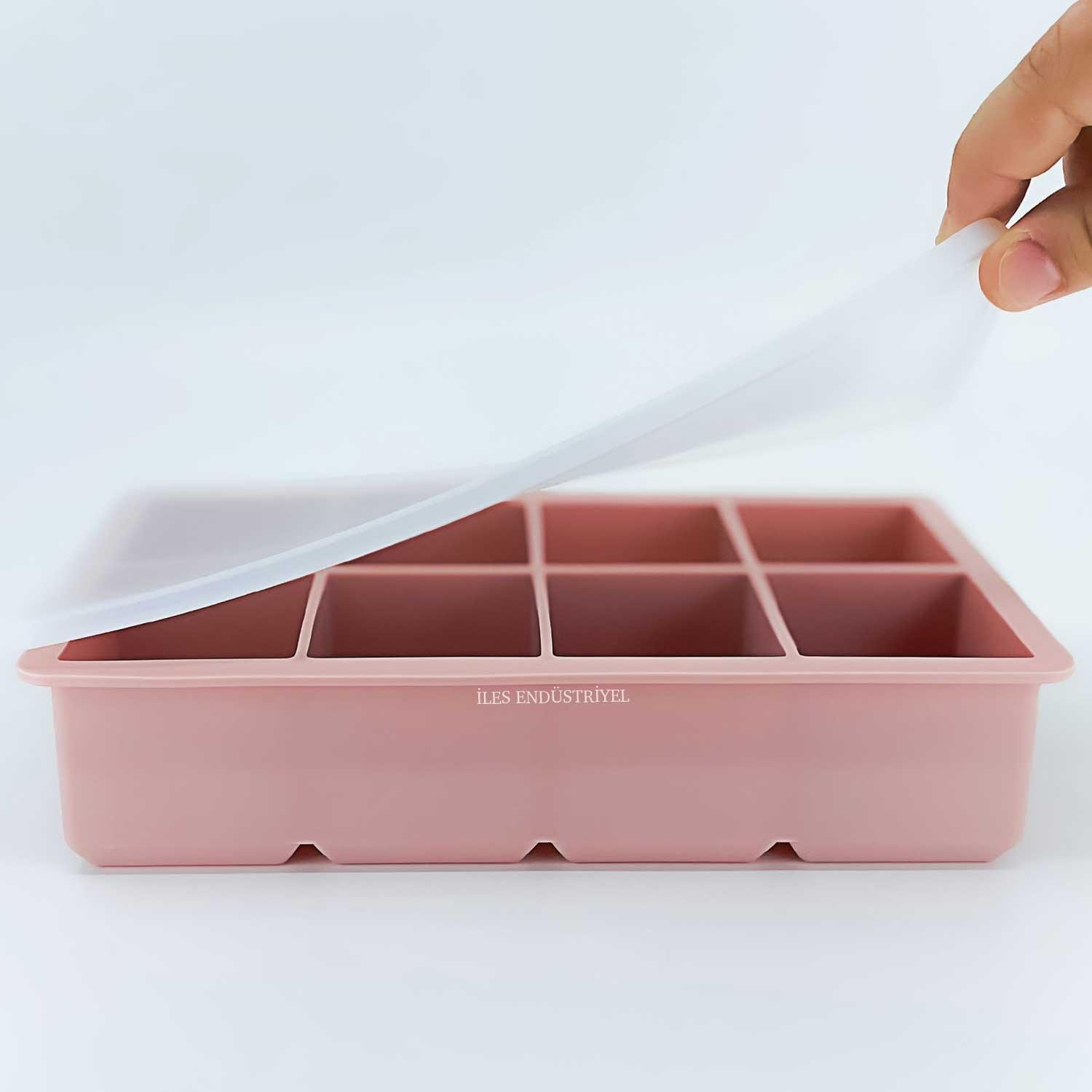 İles Gurme Kapaklı Premium Büyük 8 Bölmeli Silikon Buz Kalıbı, Powder, İles Gurme, Silikon Buz Kalıpları