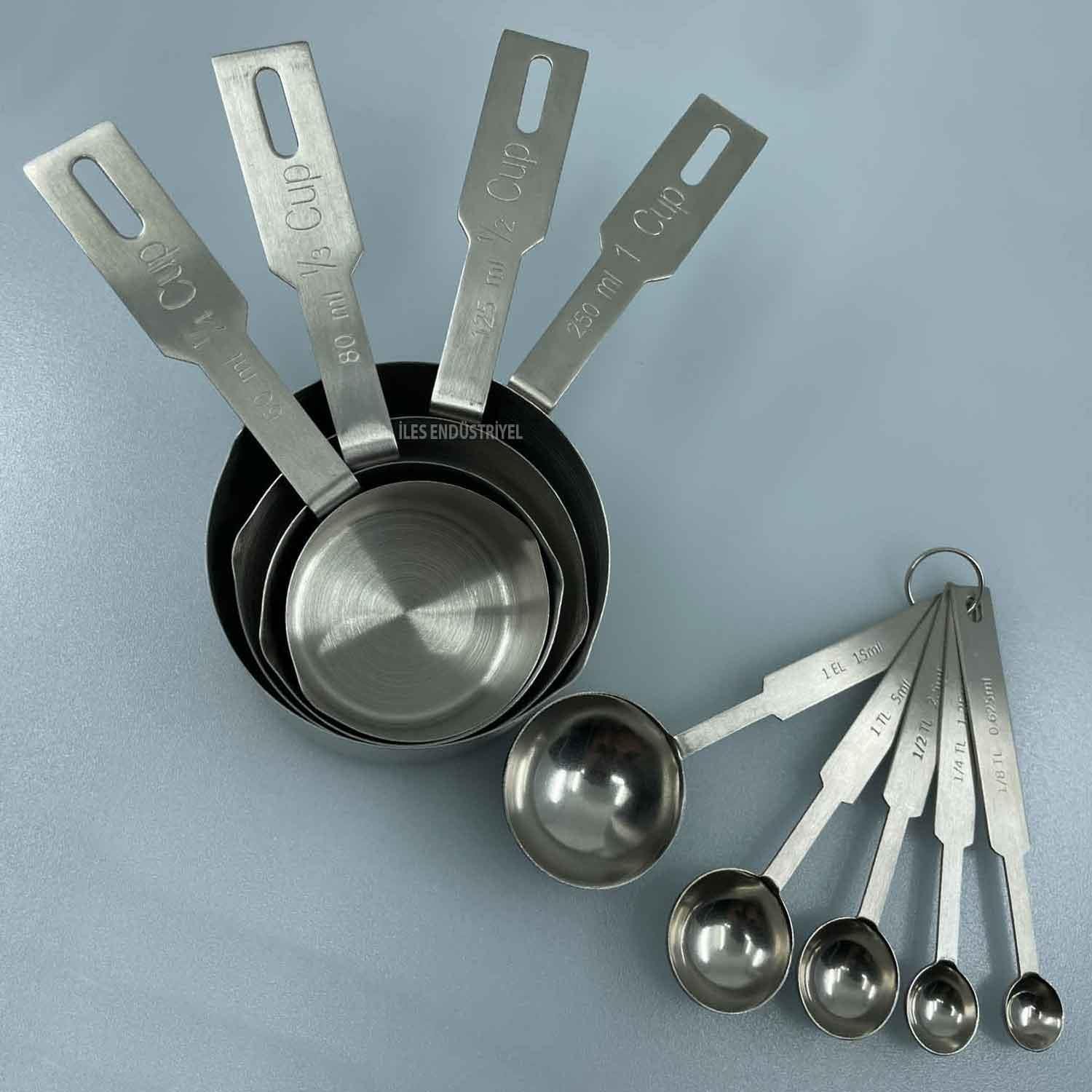 İles Ölçüm kabı ve Ölçü Kaşığı Seti, 304 Kalite Paslanmaz Çelik, İles, Ölçü Kabı ve Ölçü Kaşıkları