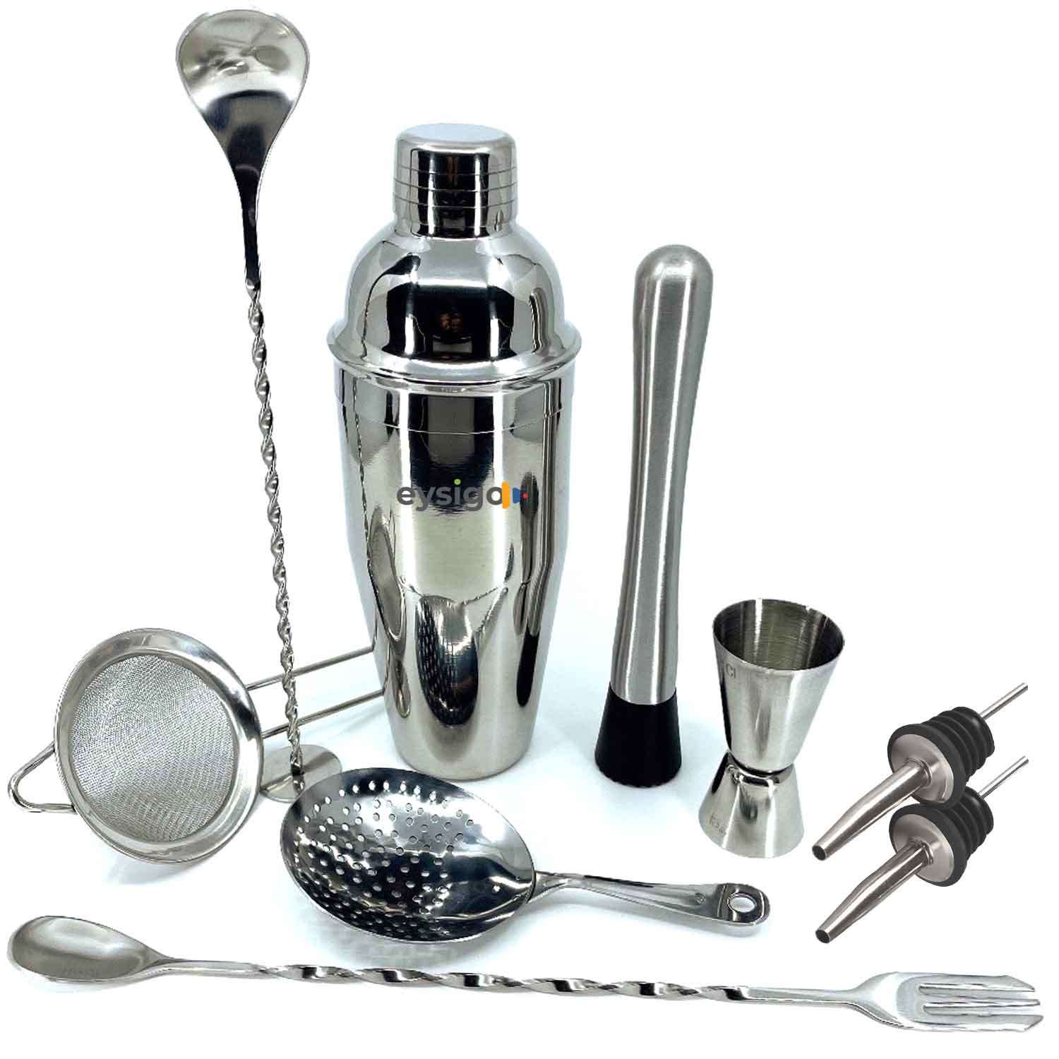 Kokteyl Shaker Seti, 700 ml, Paslanmaz Çelik, 9 Parça, Eysigo, Barmen Seti, Kokteyl Hazırlama Setleri