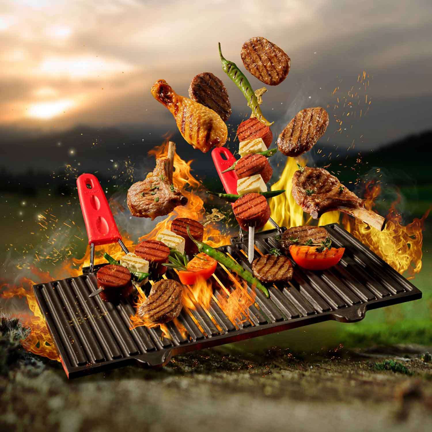Lava Döküm Mangal Izgarası, Çift Silikon kulplu, 40x25 Cm, Lava, Barbekü ve Izgara Ekipmanları