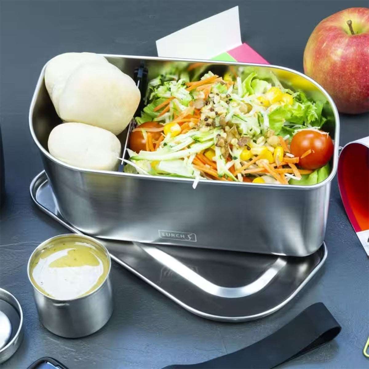Lurch - “Salad Box” 1,200 ml Paslanmaz Çelik, Beslenme/Salata Kabı, Fırınlanabilir -Silikon Kayışlı - 240938