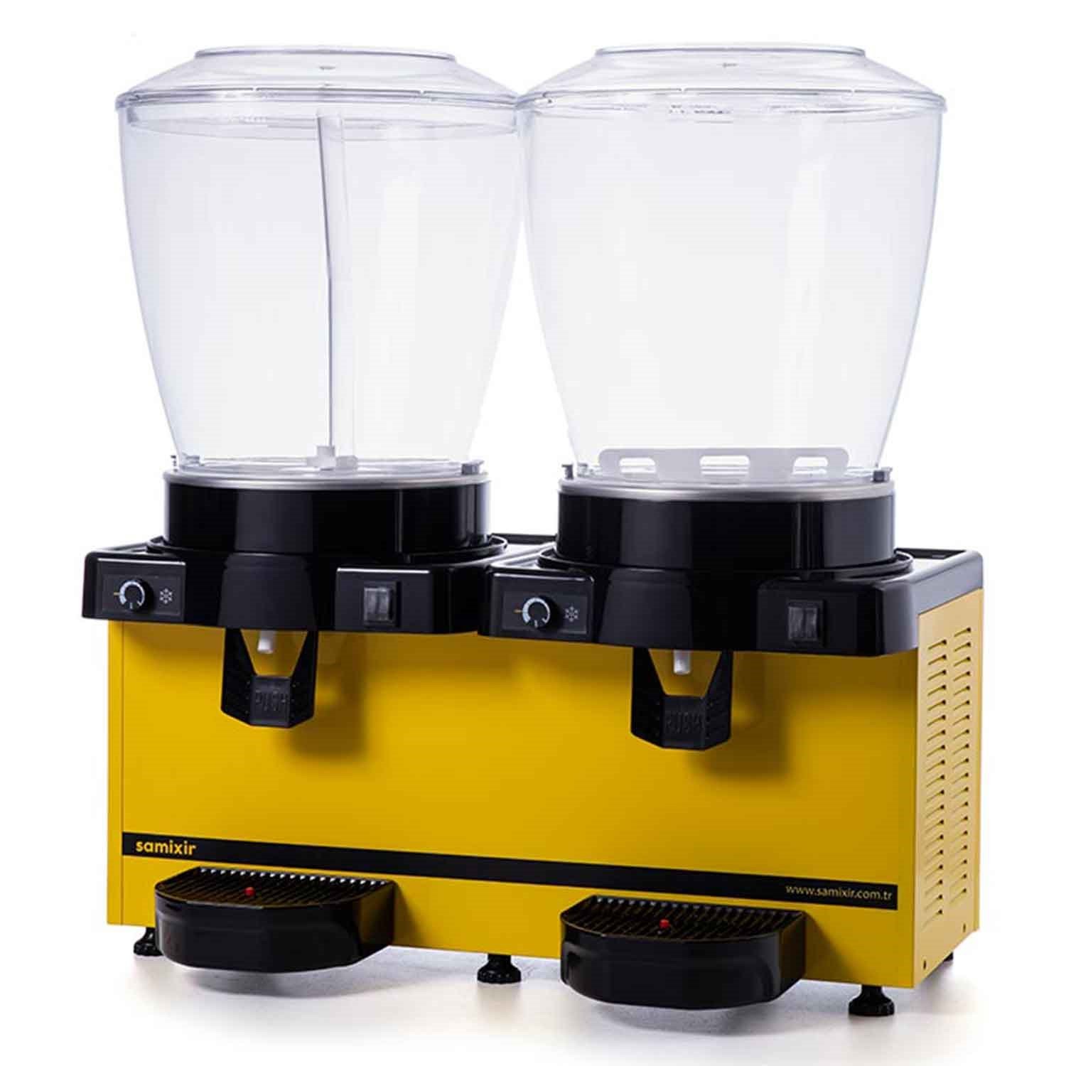 Samixir Twin Soğuk İçecek Dispenseri, 22+22 L, Fıskiye ve Karıştırıcılı, Panaromik, Sarı, Samixir, Şerbetlik ve Ayran Makineleri