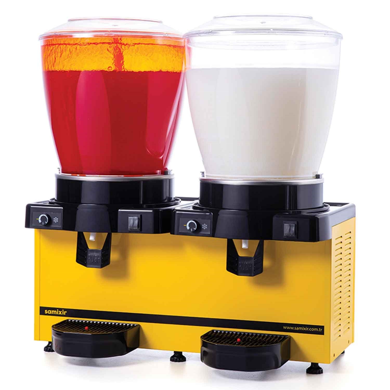 Samixir Twin Soğuk İçecek Dispenseri, 22+22 L, Fıskiye ve Karıştırıcılı, Panaromik, Sarı, Samixir, Şerbetlik ve Ayran Makineleri