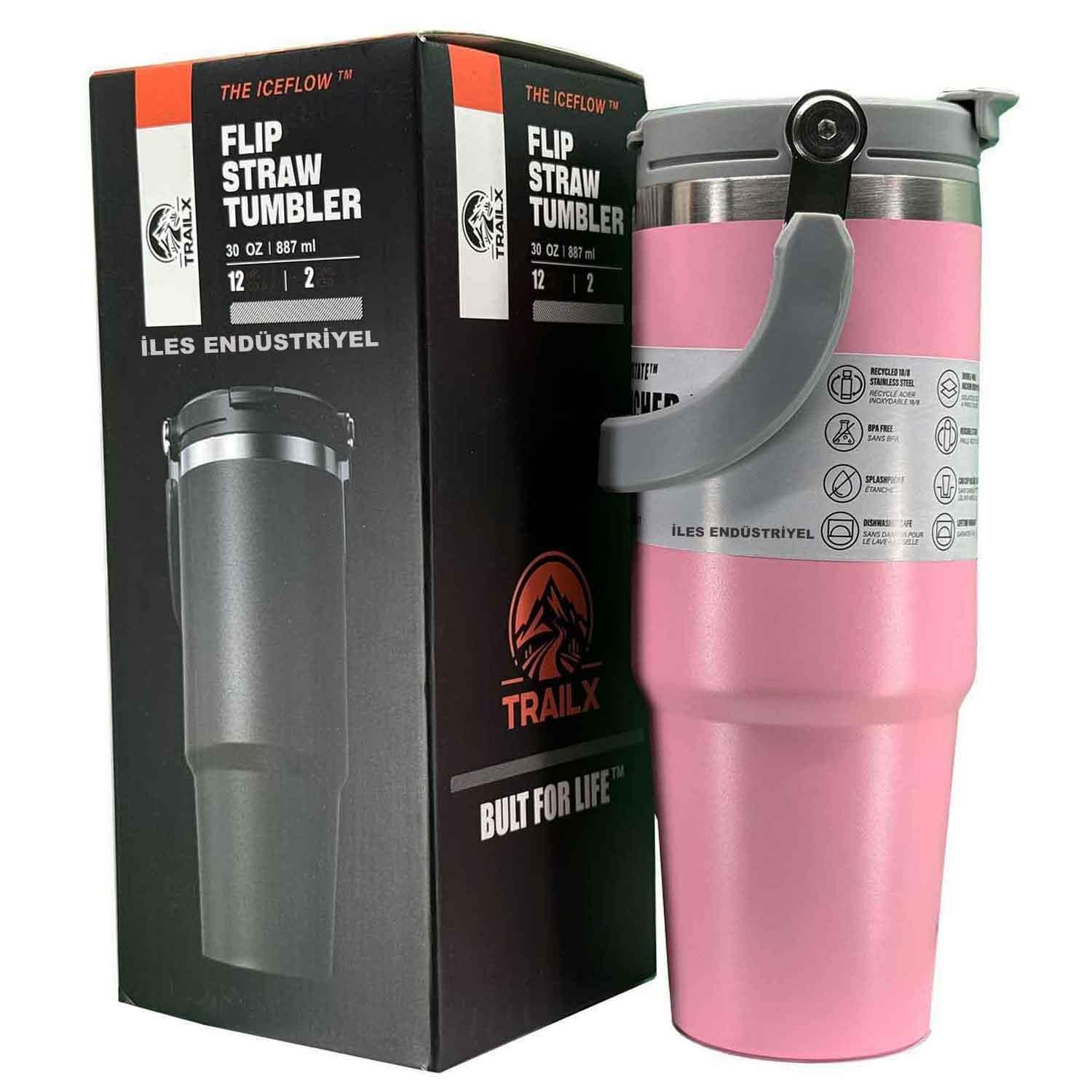 Trailx Vakumlu Termos, Paslanmaz Çelik 30 Oz/887 ml, Pembe, TRAİLX, Termoslar