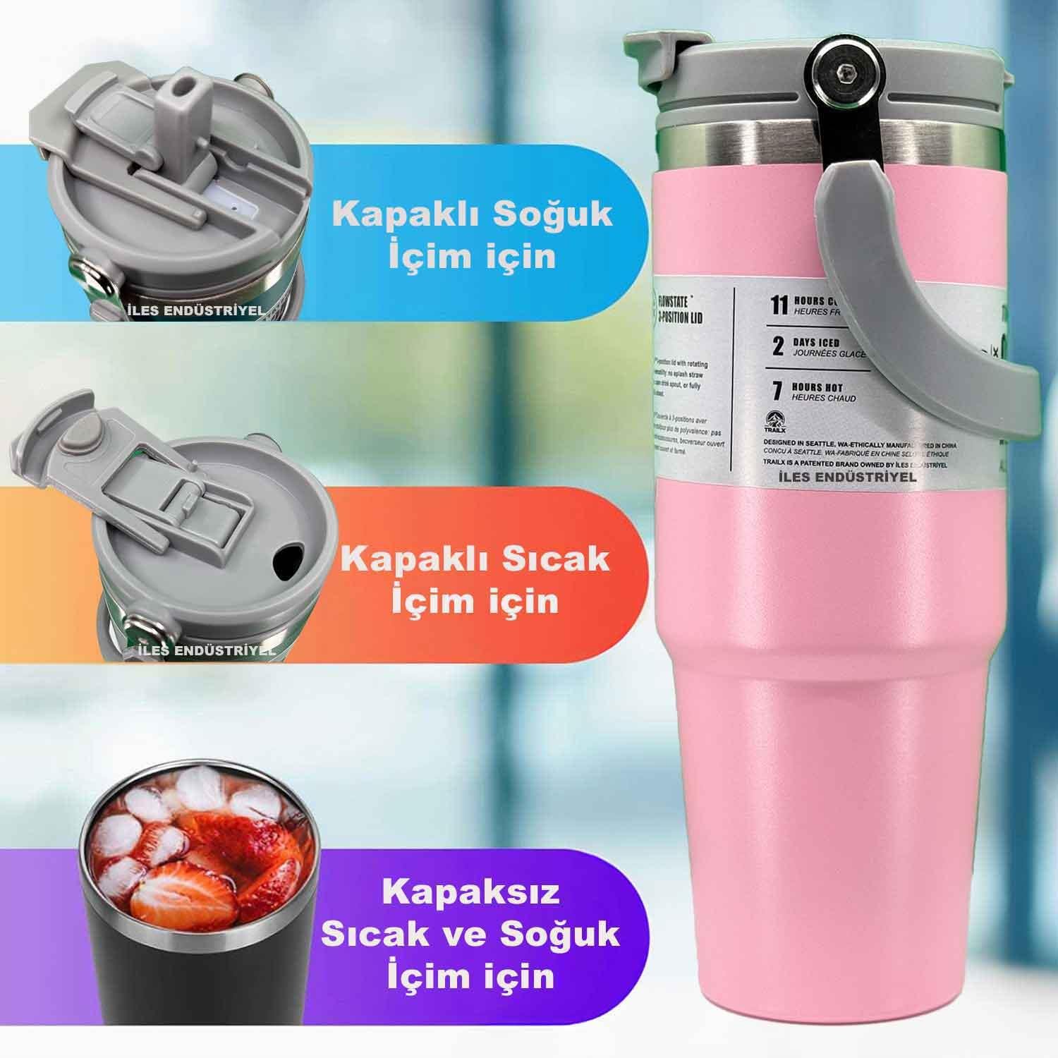 Trailx Vakumlu Termos, Paslanmaz Çelik 30 Oz/887 ml, Pembe, TRAİLX, Termoslar